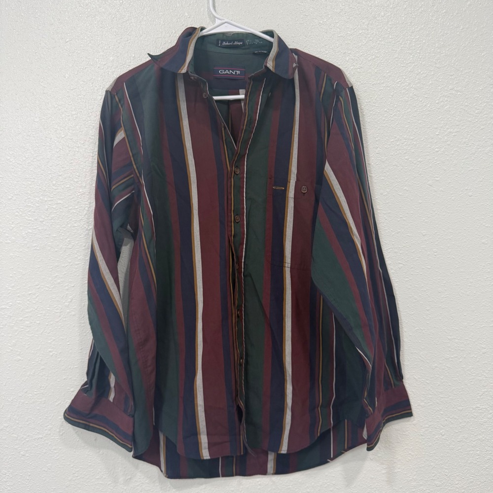 Gant Mens Foxhunt Stripe Button Down Shirt Burgundy Green Multi Color Medium